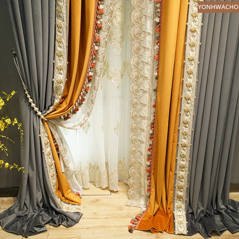 Custom curtain luxury American thick velvet dark gray orange embroidery cloth blackout curtain tulle C618