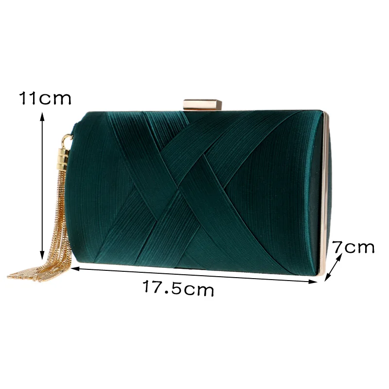 Satin Criss Cross Women Evening Bags Green Color Party Clutch Bags Tassel Golden  Metal Shoulder Chain Handbags