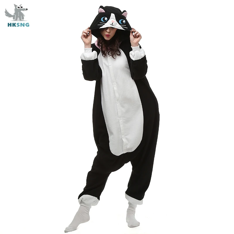 

HKSNG Animal Adult Black Cat Kigurumi Onesie Pajamas Cartoon Family Halloween Party Costumes Hooded Best Christmas Gift