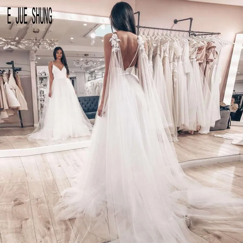 

E JUE SHUNG Deep V-Neck Beach Wedding Gowns Sexy Spaghetti Straps With Ribbon Backless Bridal Gowns White Tull Robe De Soiree