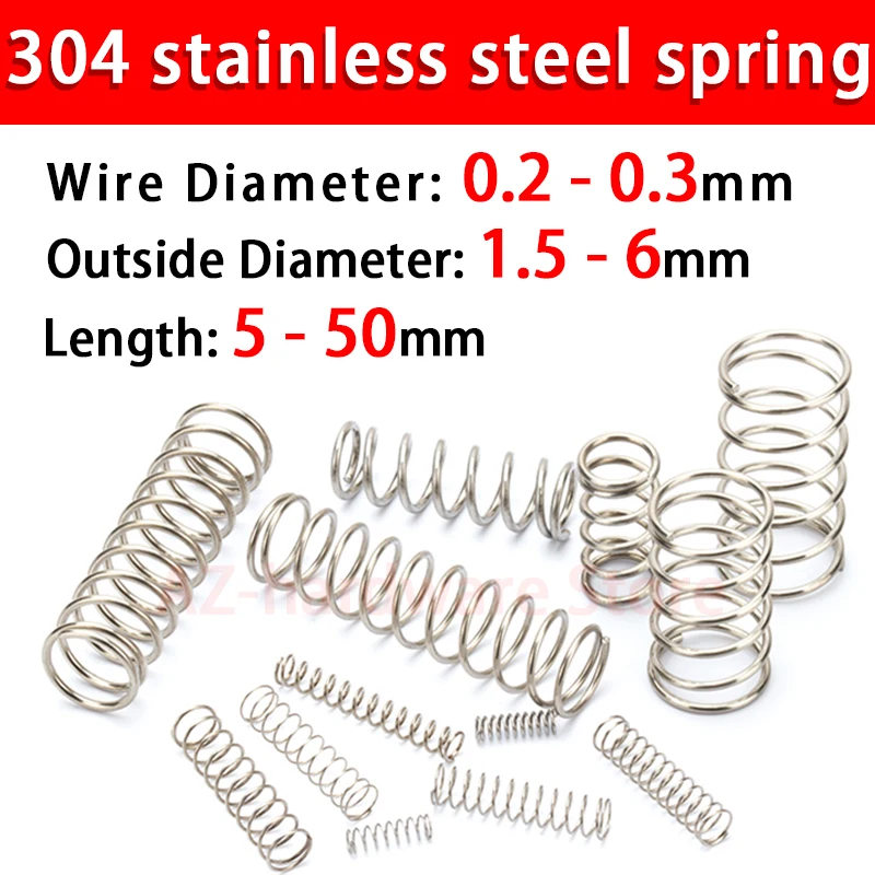 Sprężyna dociskowa ze stali nierdzewnej 304, sprężyna powrotna, średnica drutu stalowego 0,2 ~ 0,3 mm średnica zewnętrzna 1,5 ~ 6 mm 10 szt.