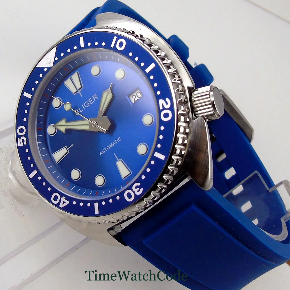 45mm Men's Watch ese NH35A Sapphire Crystal Date C3 Lume Hands Automatic Movement Blue Dial Rubber Strap aluminum bezel