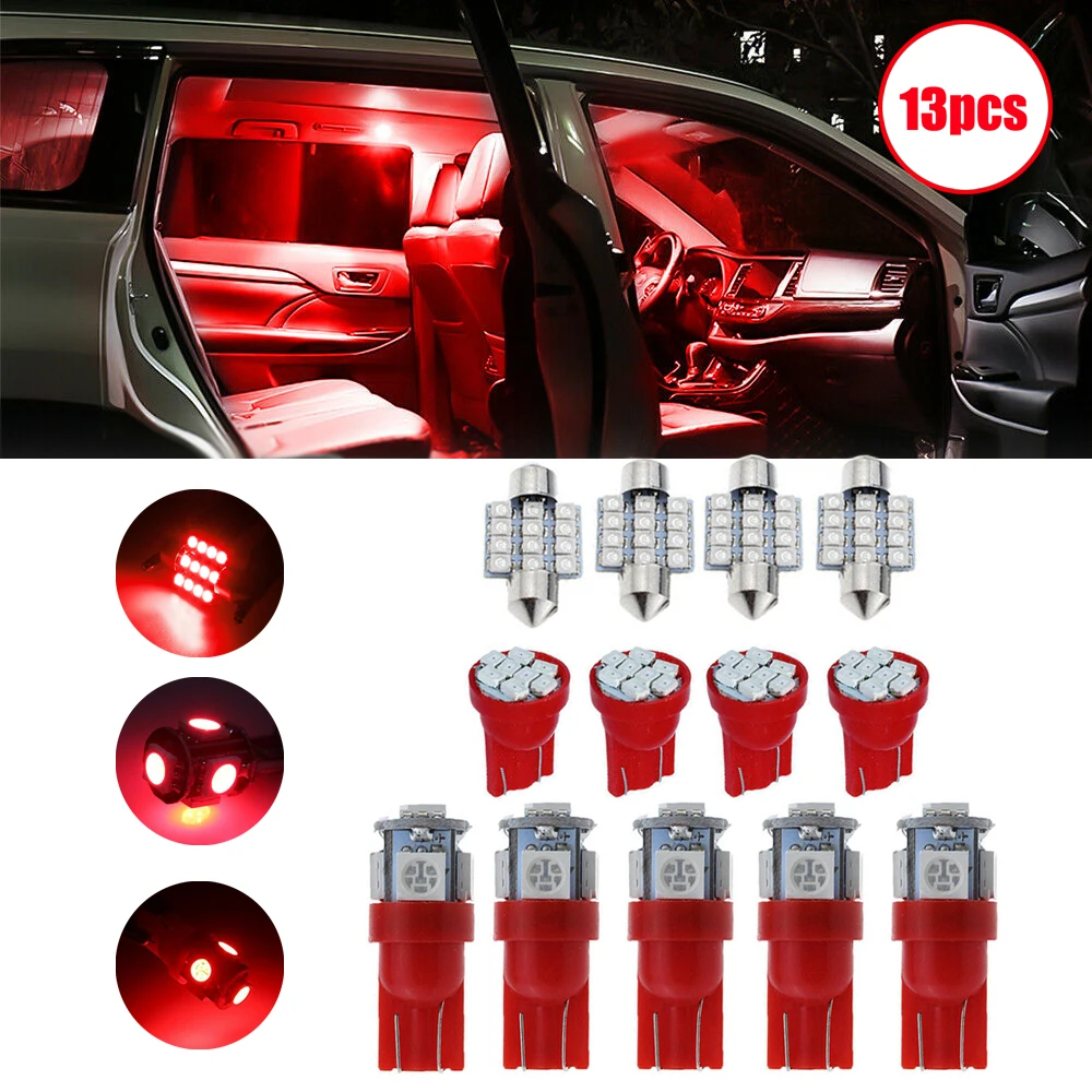 

13x T10 Red Car Interior Lights LED Dome Map License Plate Light Lamp 12V Accessories Universal Auto Car Door Reading Lamp