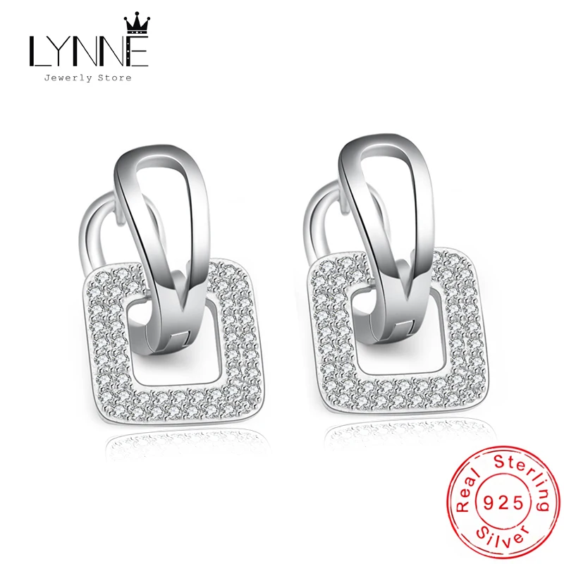 

New Fashion AAA Zircon Square Pendant Hoop Earrings 925 Sterling Silver Rhinestone Drop Ear Circle Eardrop Women Jewelry Gift