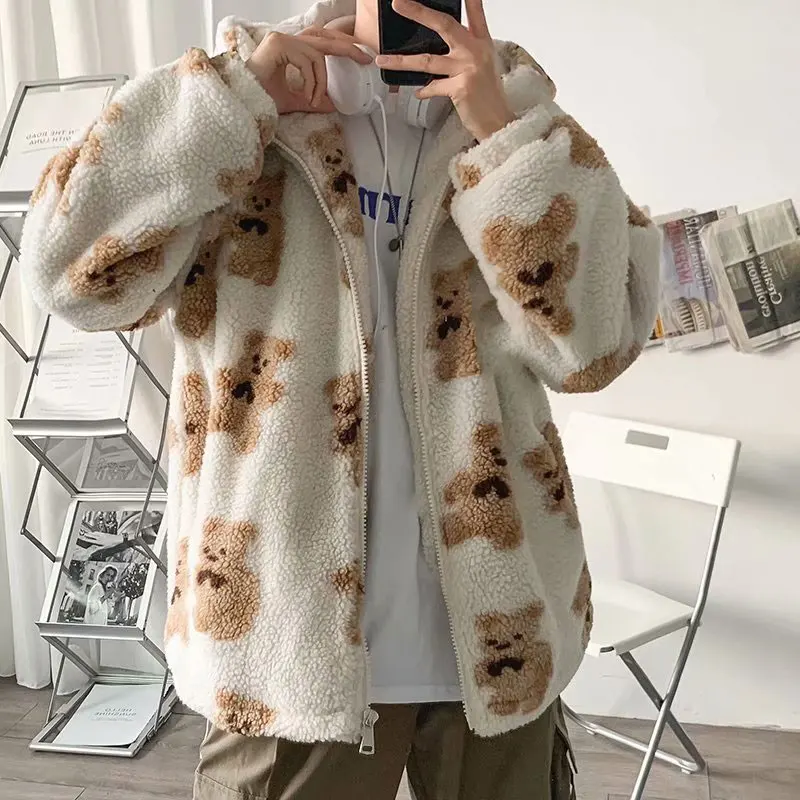 Men Cartoon Bear Lamb Wool Hooded Coat Casual Oversized Zip Up Sweatshirt Tops 2021 Winter Men Hoodie Jacket Cute Korean Outwear