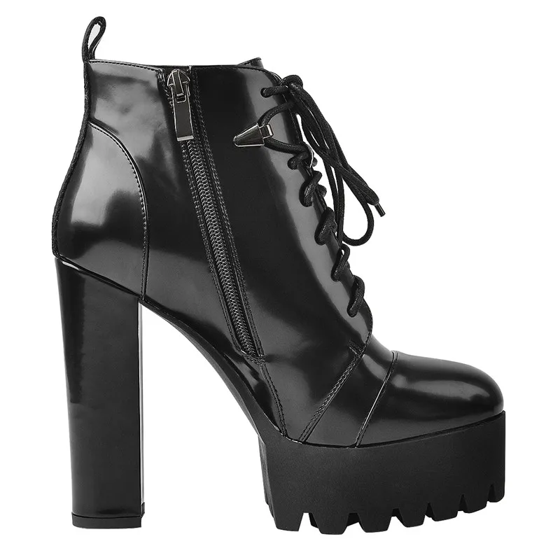 Onlymaker Platform Lace Up Round Toe Black  Patent Leather Chunky  High Heels Ankle Booties Big Size Lady Short Boots