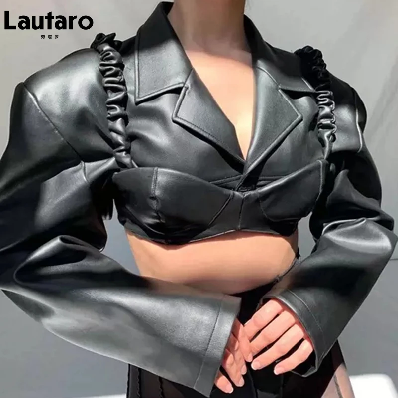 

Lautaro Spring Autumn Short Black Light Faux Leather Jacket Women Long Sleeve Lapel Runway Stylish Sexy Fashion 2021 Cropped Top