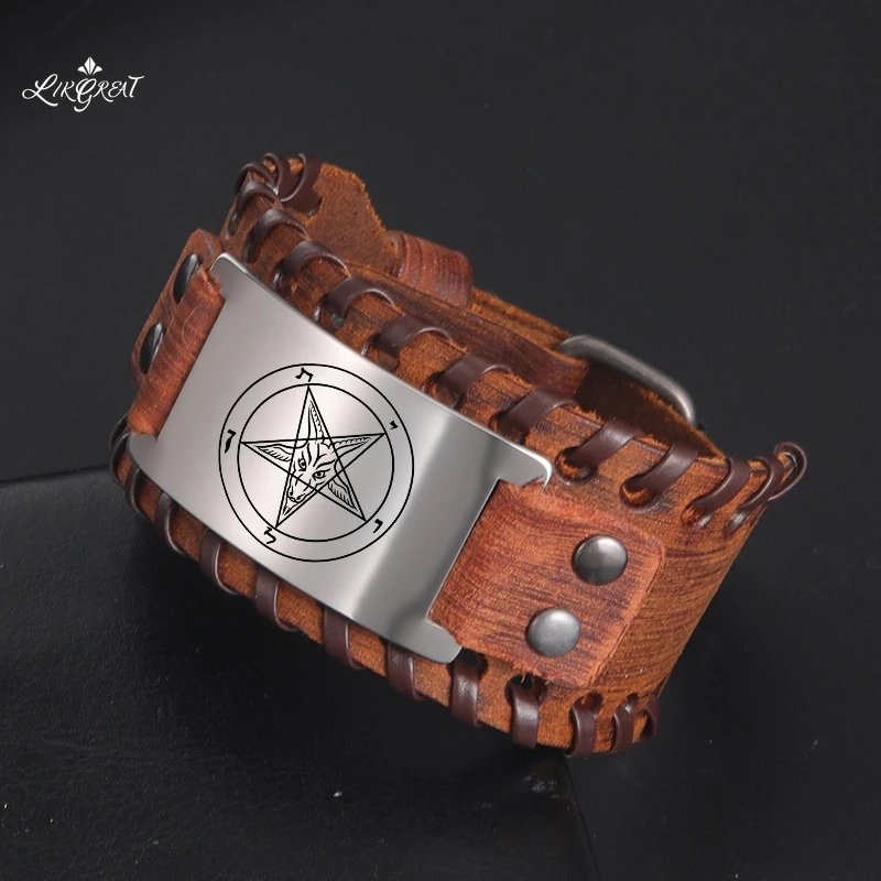 LIKGREAT Satanic Amulet Wide Leather Bracelet on Hand for Men Symbol of Evil Stand-in for Satan Vintage Charm Bangles Jewelry