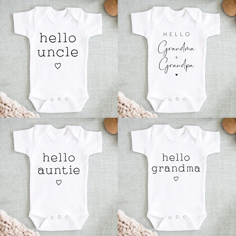 Hello Uncle/auntie Baby Pregnancy Anouncement Bodysuit Summer Short Sleeve Jumpsuits Baby Boys Girls Romper Clothes