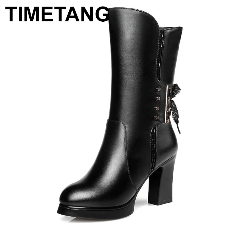 

TIMETANG 2021 new genuine leather women boots size 40 wool women genuine winter boots High heeled motorcycle boots women