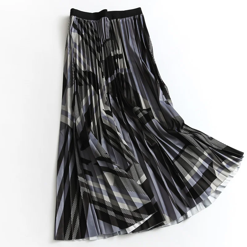 

Autumn Winter Women Elastic High Waist Knitted Skirt 2021 Plaid Casual Retro Midi Pleated Fashion Simple Mid-long Skirt