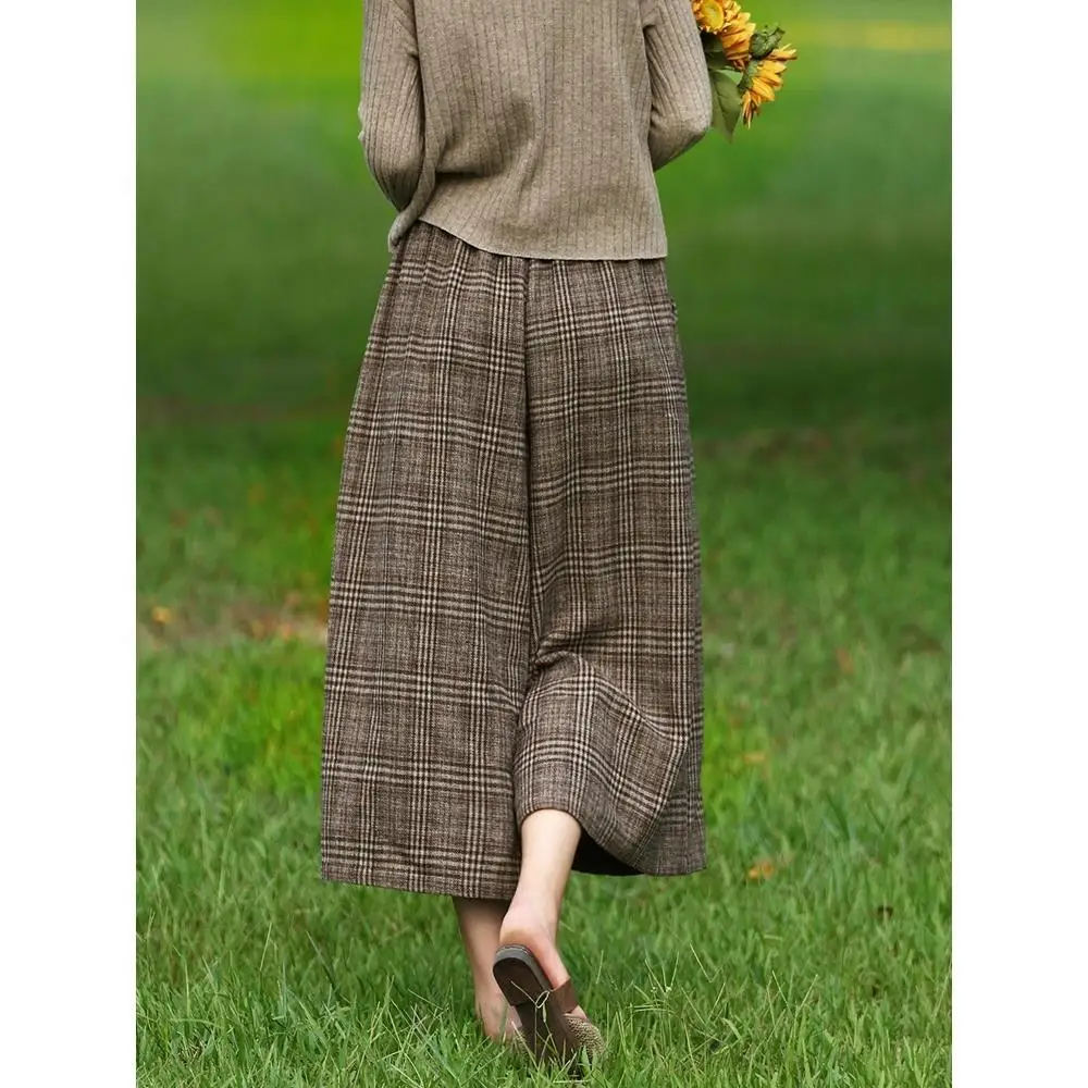 Plaid Wide Leg Pants Women Autumn Winter Wool Elastic Waist Calf-Length Loose Casual Office Lady Harem Pants Cropped Trousers