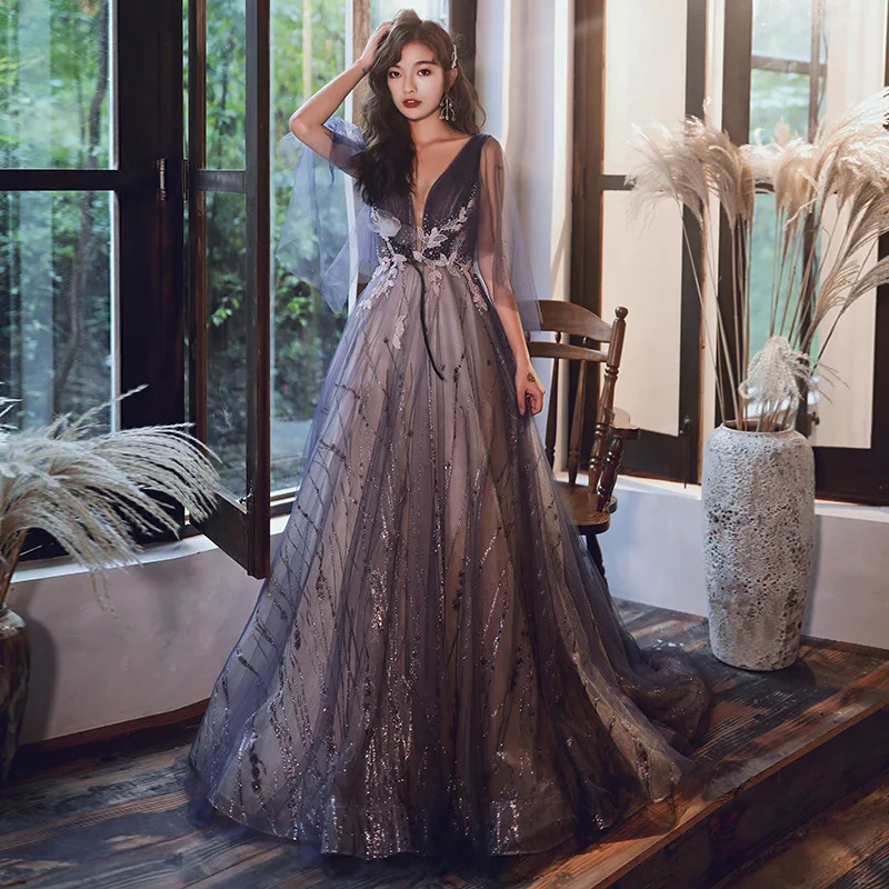 

Fashion New Purple Long Evening Dress Luxury V-neck Lace Appliques Long Prom Gowns Custom Formal Dresses Vestido De Noche