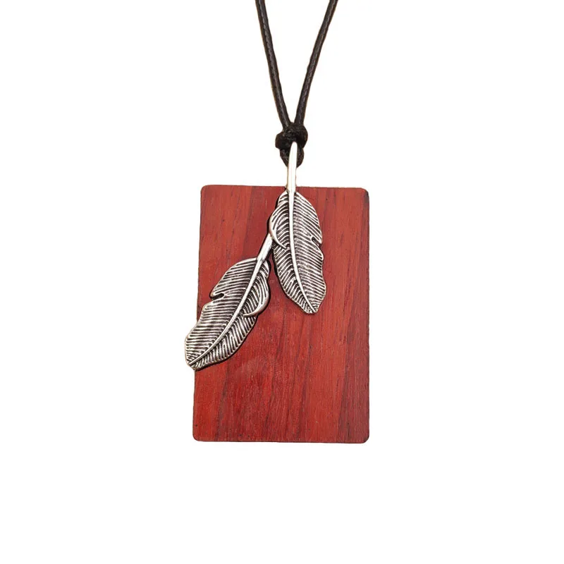 Rosewood Pendant Long Necklace Alloy Feather Inlay Wooden Vintage Metal Adjustable Waxed Rope Female Birthday Gift AI002