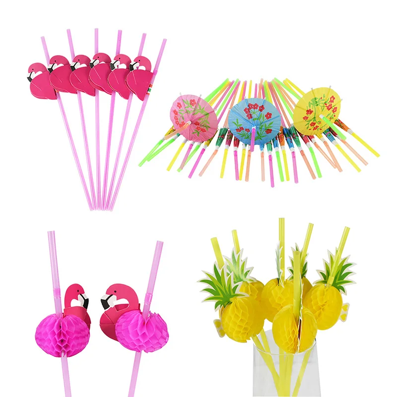 

25/50pcs Flamingo Drinking Straws Tropical Umbrellas Pineapple Juice Cocktail Disposable Juice Straws Hawaii Party Decoration