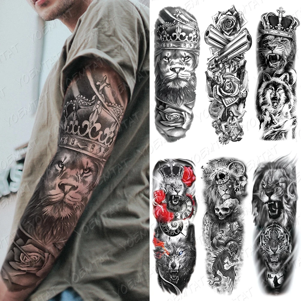 Large Arm Sleeve Waterproof Temporary Tattoo Sticker Lion Crown Gun Rose Wolf Tiger Animal Tattoos Women Men Body Art Fake Tatto