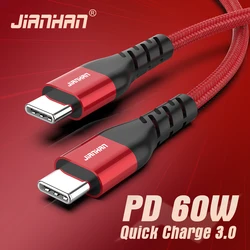 JianHan USB C USB Tip C Kablo PD 60 W USB C Hızlı Şarj Kablosu Xiaomi mi 10 Pro Samsung S21 S20 MacBook Pro iPad Pro 2020