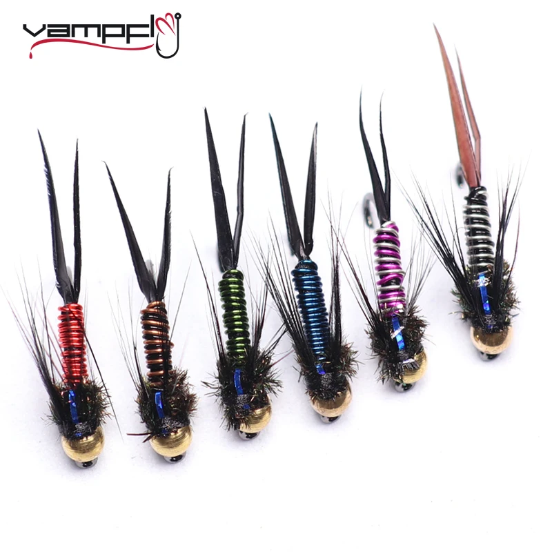 Vampfly 12pcs #12 6 Colors Brass Bead Head Fast Sinking Nymph Fly Copper John Mayfly Stonefly Attractor Trout Fishing Fly Lures