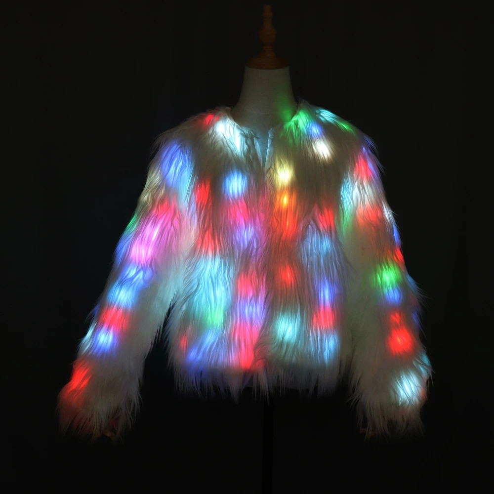 Led Light Shining Faux Fur Coat Decorative Overcoat Dance Christmas Party Jacket For Dancer Singer Star Nightclub