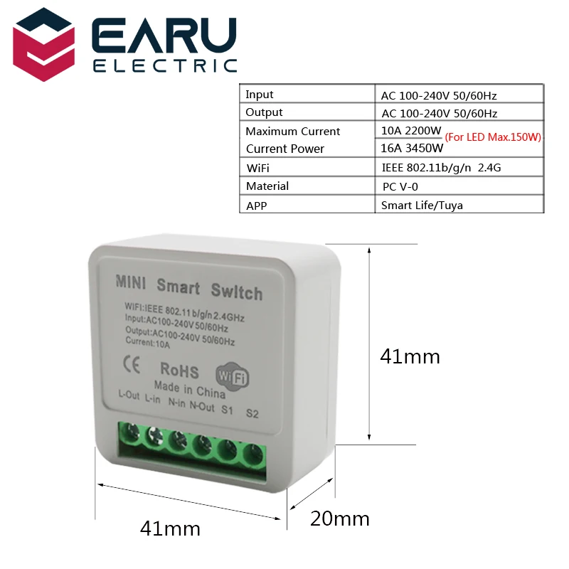 16A Mini 2 Way Control DIY WiFi Smart LED Light Switch Relay Breaker Module by Smart Life Tuya Remote Control Alexa Google Home