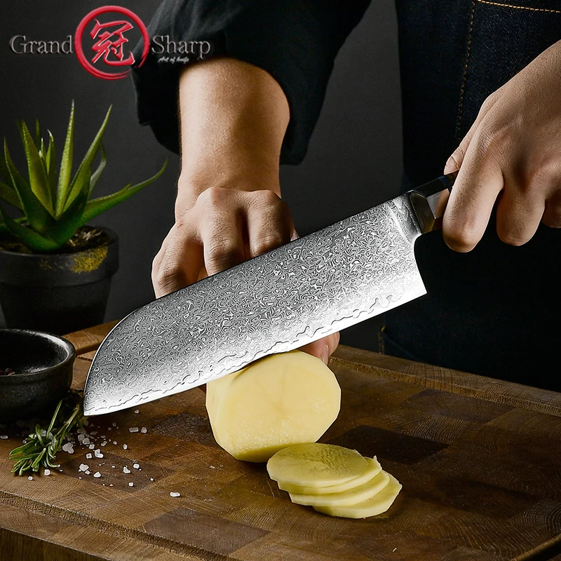 6.7 Inch Santoku Knife Kitchen Chef Knives Japanese Damascus AUS-10 Steel Sharp Blade Meat Fish Salmon Cutting Tools GRANDSHARP