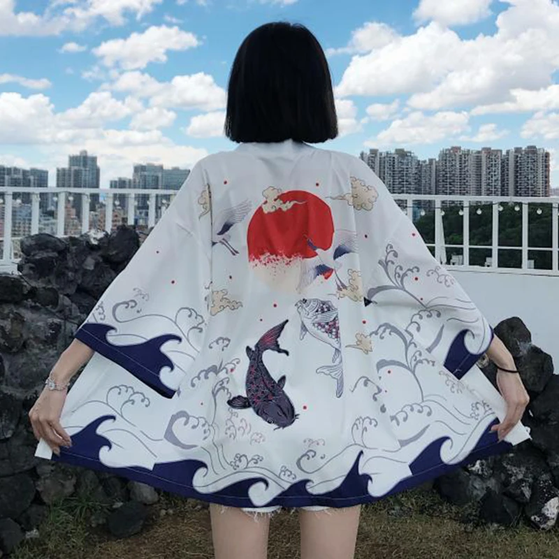 

Japanese Kimono Traditional Clothing Crane Carp Anime Kimono Dress Shirts Women Samurai Haori Hombre Yukata Man Cardigan Shirt