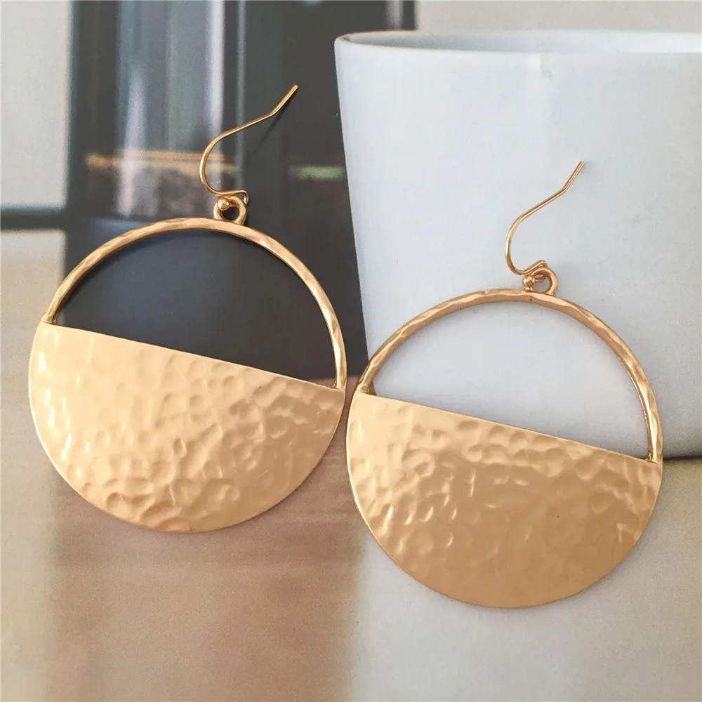 Semi Hollow Round Drop Earrings for Women Statement Geometric Round Gold Silver Color Jewelry