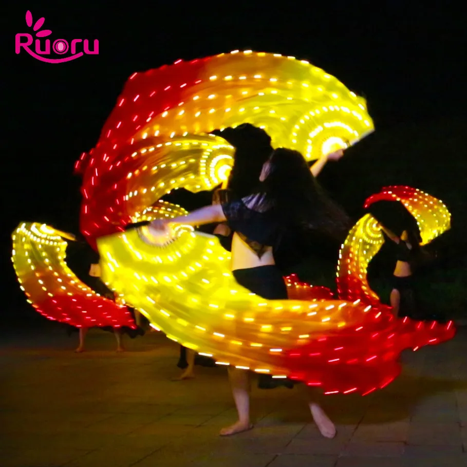 Ruoru 1pcs Fire Performance Carnival Belly Dance LED Fans 180cm Silk led fan veil Belly Dance Costumes Hand Led Fan Veils