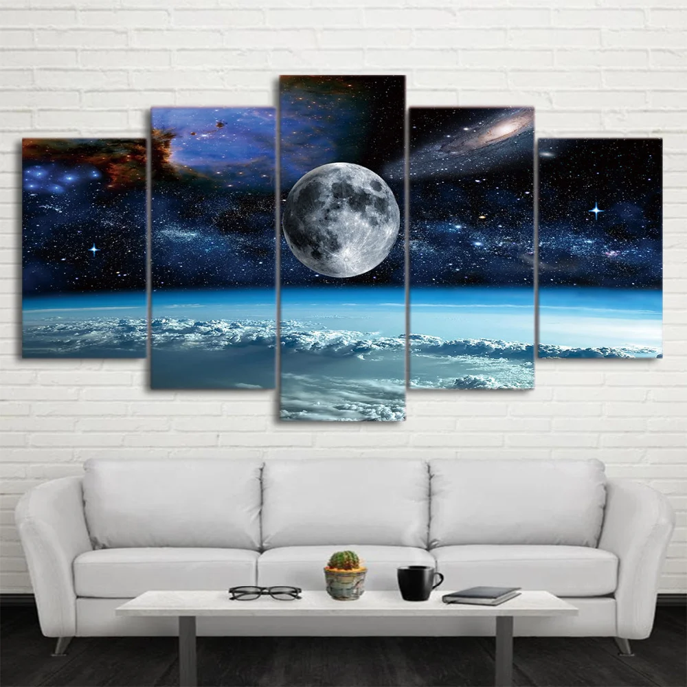 

Wall Art Canvas Painting 5 Pieces Space Universe Moon Stars Painting Modular Framed Canvas Home Decor Poster For Living Room