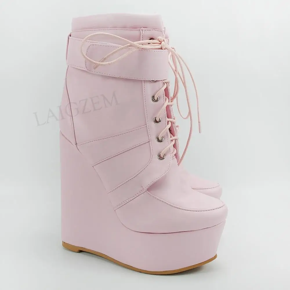 LAIGZEM Women Ankle Platform Wedges Boots Faux Leather Pink High Heeled Boots Unisex Casual Shoes Woman Big Size 42 45 47 48 52