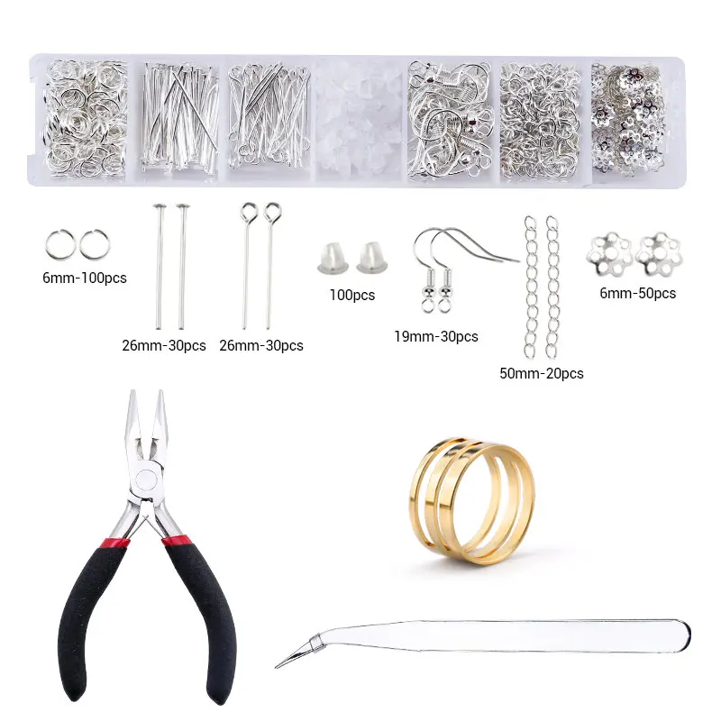 Schmuckherstellungszubehör-Set mit Schmuckwerkzeugen, offene Biegeringe, Karabinerverschlüsse, Quetschperlen, Ohrringhaken, Zubehör für Schmuck