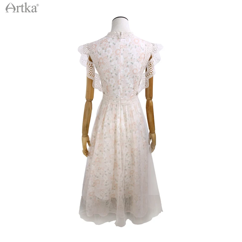 ARTKA 2021 Summer New Women Dress Elegant Floral Mesh Chiffon Long Dresses Hollow Out Lace O-Neck Flying Sleeve Dress LA25213X