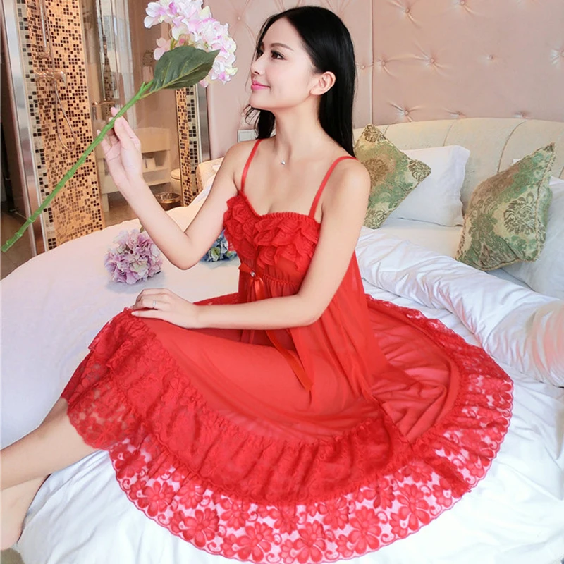 Summer Nightgowns Women Hollow High Open Sling Long Lace Sexy Goddess Sleeping Dress Lingerie Sleepwear Wedding Bride Bridesmaid