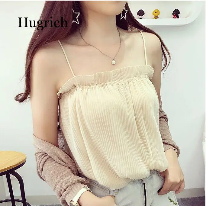 Summer Girls Ruffled Slash Neck Pleated Chiffon Solid Camis Tops Sleeveless Shirts Women Spaghetti Straps Camisoles Tanks Tops