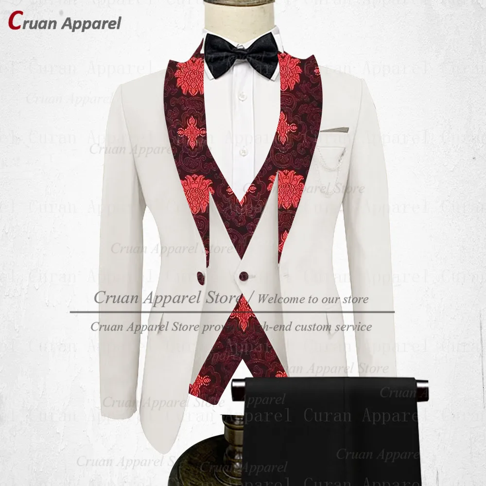 

20 Colors Ivory White Floral Printed Suit Men Set Wedding Groomsmen Groom Tuxedo Tailor-made Luxury Party Blazer Vest Pants 3Pcs