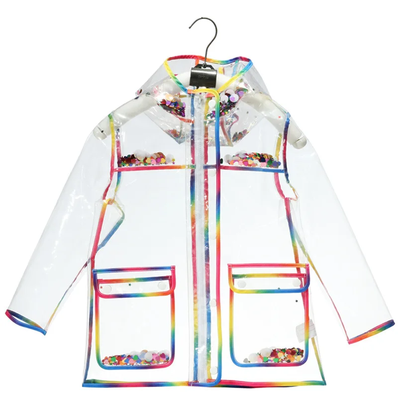 Transparent Rainbow Colorful Edge Kids Raincoat Waterproof TPU Children Windproof Rain Coat Jacket With Hood Boys Girls Poncho