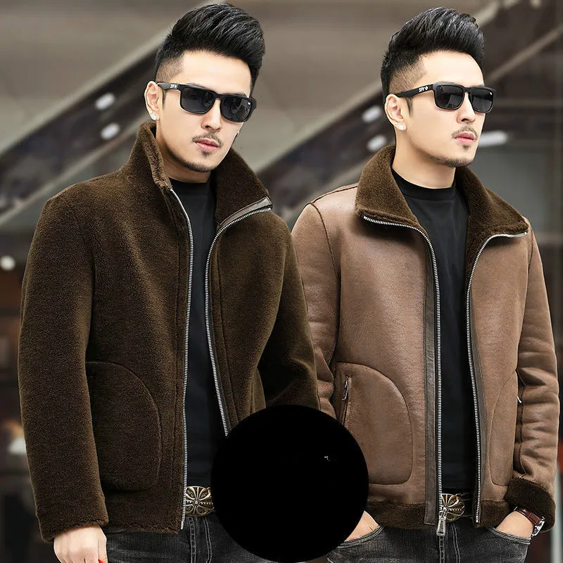 

2020 Winter Men Two Side Wear Genuine Wool Stand Thick Lining Coat Luxury Sheepskin Shearling 4xl Short Jackets Z38