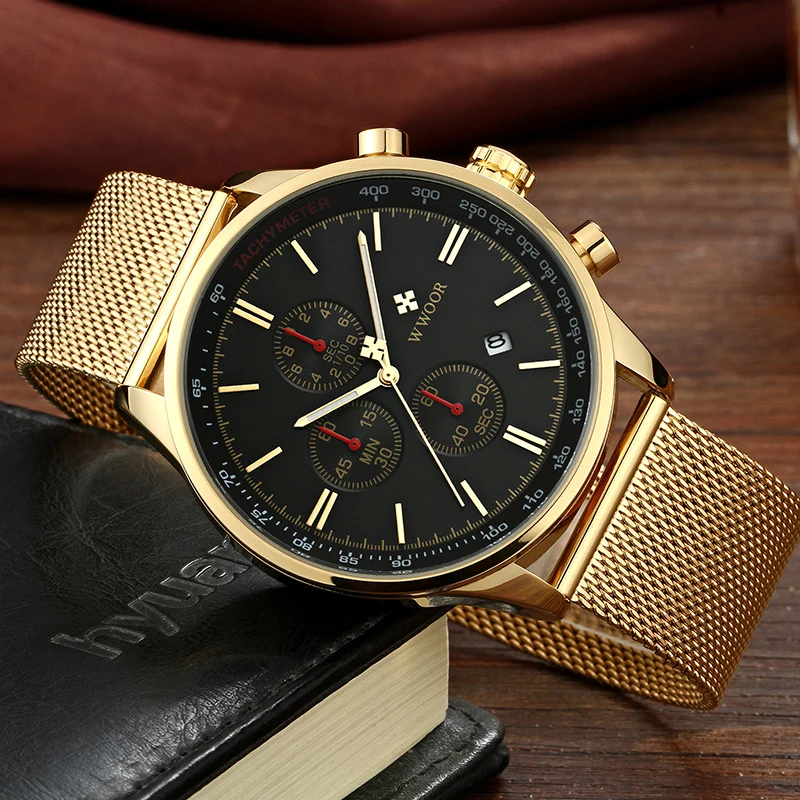 Relogio Masculino WWOOR Sports Mens Watches Top Brand Luxuy Gold Black Mesh Steel Quartz Waterproof Date Chronograph Wrist Watch