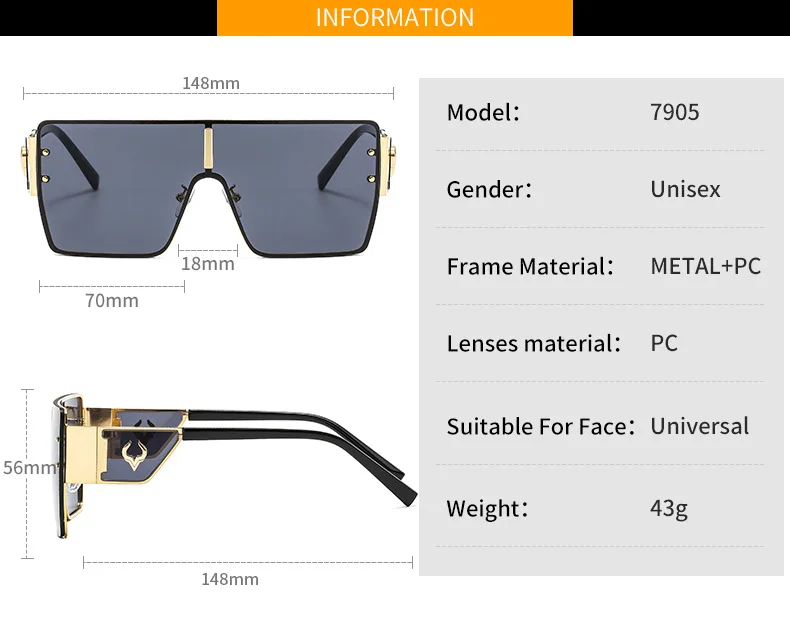 Vintage Punk Übergroße Sonnenbrille Männer Designer Fahren Gläser Frauen Luxus Retro Quadratischen Metall Rahmen UV400 Brillen – Detail 4