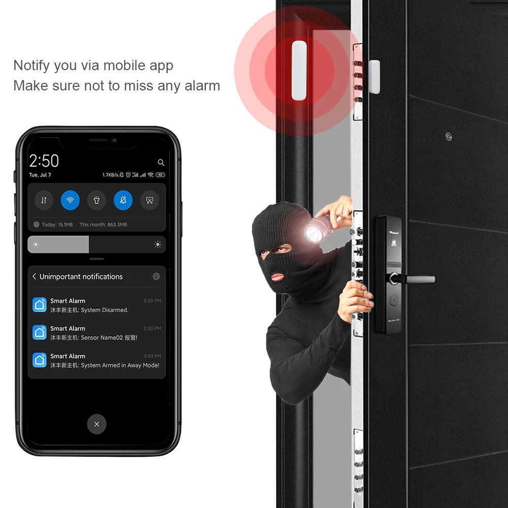 Door Window Alarm Sensor FM GFSK 433MHz Wireless Magnetic Switch Contact Detector Signaling for Intruder Security Alarm System