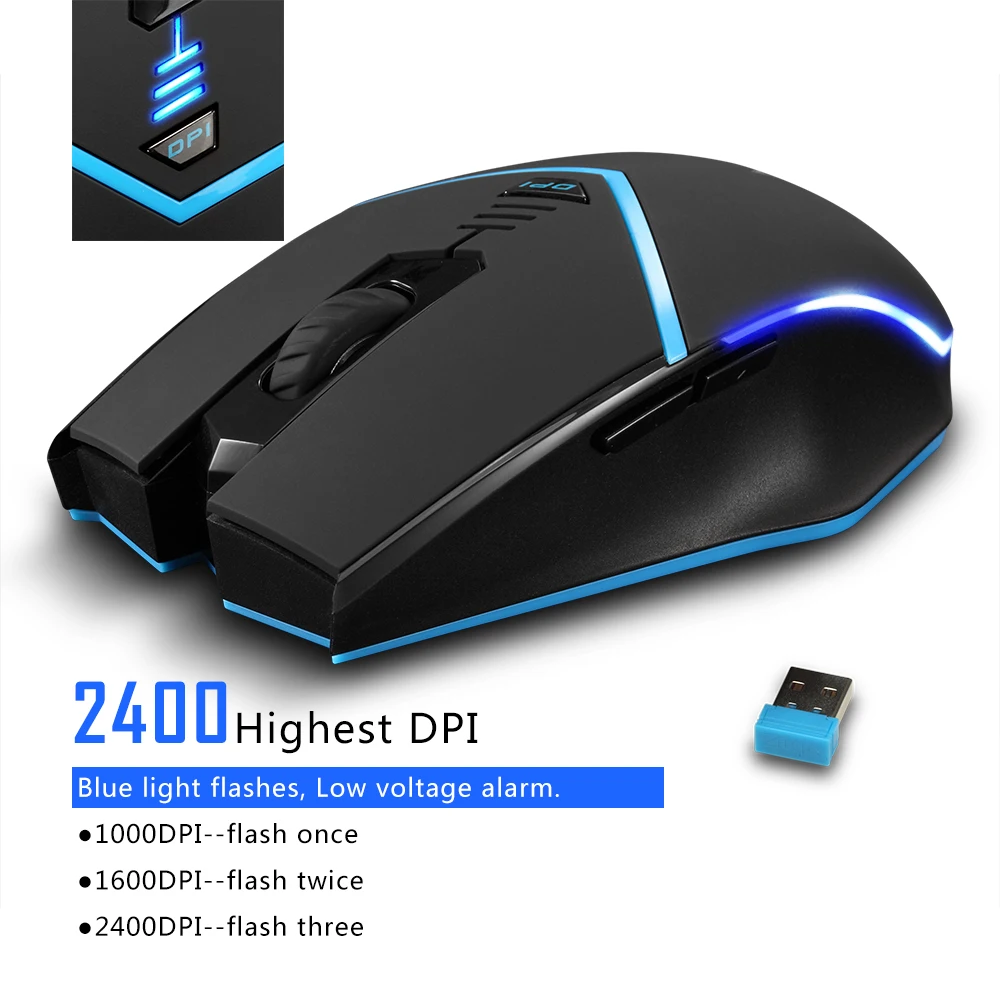 Mouse da gioco Wireless Computer ricevitore Wireless Mouse PC Mause Mouse ergonomico 2400DPI Mouse ottico USB a luce blu per Laptop