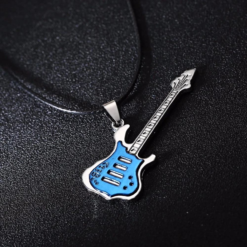 Rinhoo Trendy Leather Chain Guitar Necklace For Men Punk Rock Music Jewelry Gift Stainless Steel Pendant Necklace