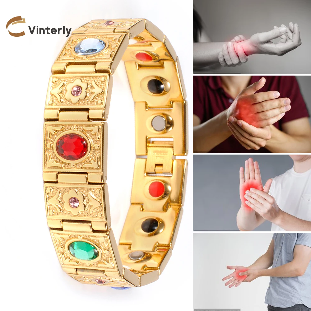 Vinterly Wrist Band Magnetic Bracelet Men Stainless Steel Multicolor Crystal Health Germanium Magnetic Bracelets Bangles for Men