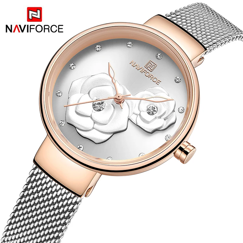 NAVIFORCE Women Watch Mesh Stainless Steel Waterproof Lady Watches Quartz Rose Dial Fashion Charming Girl Clock Relogio Feminino