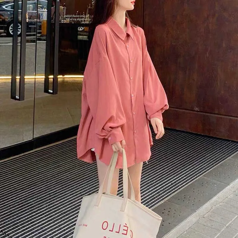 Casual Loose White Shirt Women Lantern Sleeve Blouse Fashion Lapel Oversized Top Shirts