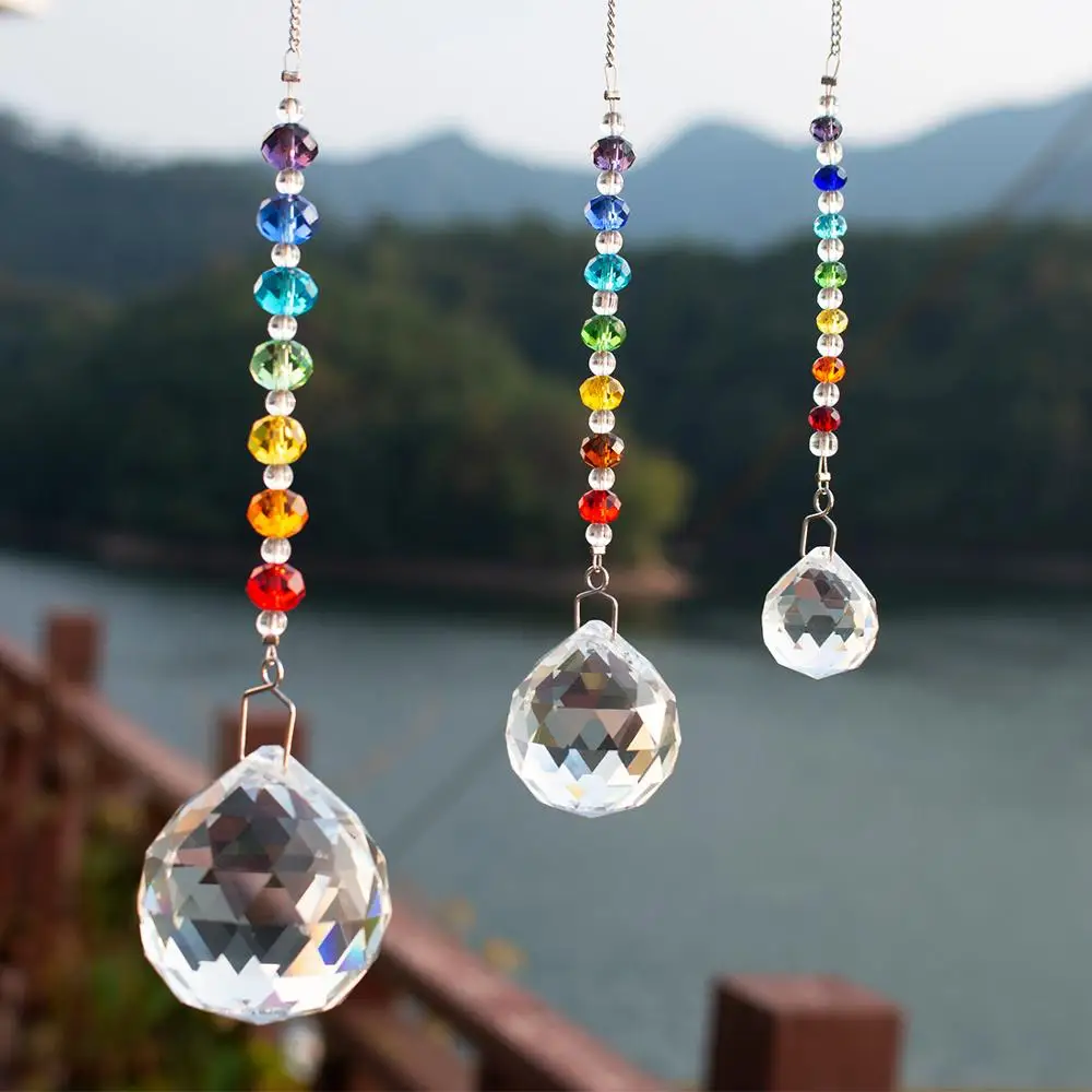 H&D Pack of 3,20/30/40mm Chakra Crystal Ball Prism Suncatcher Rainbow Maker Window Hanging Ornament Collection Home Garden Decor