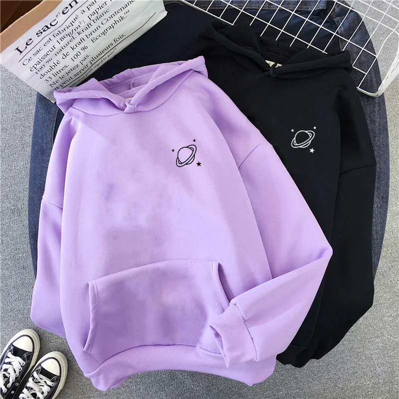 Velvet Winter Women\'s Cute Saturn Printing Hooded Female Thicken Warm Hoodies Lady Autumn Tops Sweatshirts