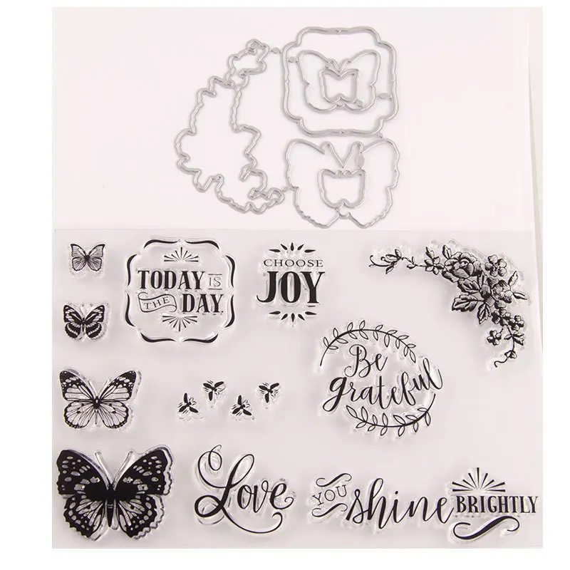 

Butterfly Love Flower Clear Silicone Stamp and Die Set DIY Scrapbook Kids Happy Birthday Album Rubber Metal Cutting Gift Card