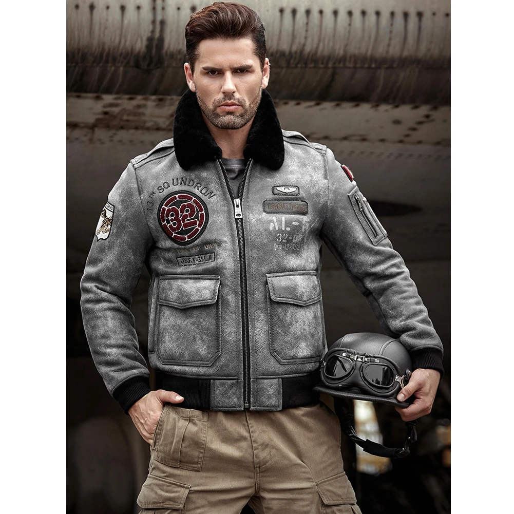 

2019 Mens Gray Shearling Jacket Leather Jacket Fur Coat Mens Airforce Flight Coat Embroidered Jacket