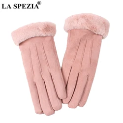 LA SPEZIA Winter Gloves Women Pink Gloves Suede Leather Warm Gloves With Fur Ladies Biker Driving Touch Screen Mittens Gray 2024